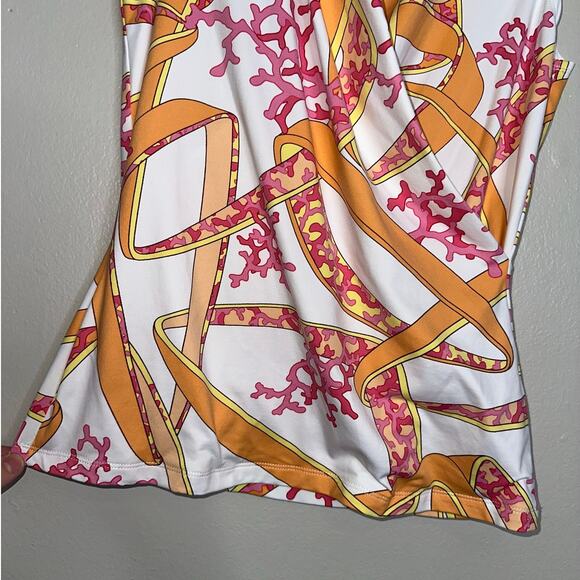 J. McLaughlin Catalina Cloth Cowl Neck Sleeveless Top S Coral Gold White Print - Picture 3 of 5